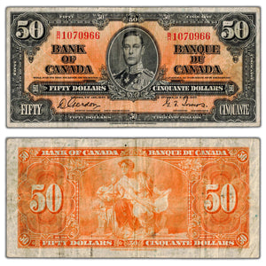 SOLD $50 1937 Bank of Canada Note Gordon-Towers B/H Prefix BC-26b - F/VF