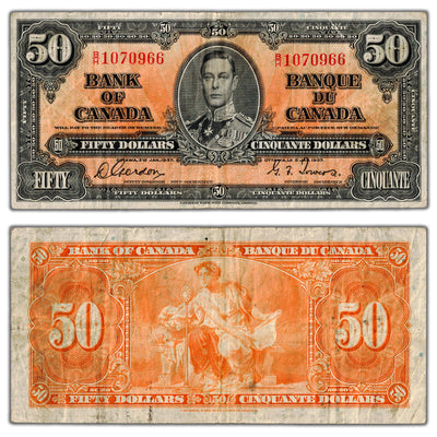 SOLD $50 1937 Bank of Canada Note Gordon-Towers B/H Prefix BC-26b - F/VF
