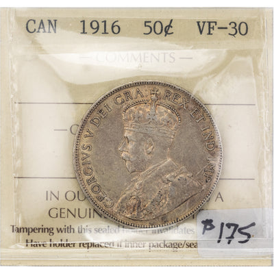 SOLD Canada 1916 50 Cents Half Dollar Silver Coin - ICCS VF-30