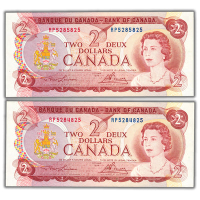 SOLD $2 1974 Bank of Canada Notes RP Prefix BC-47a - Set of 2 Radars - Ch UNC