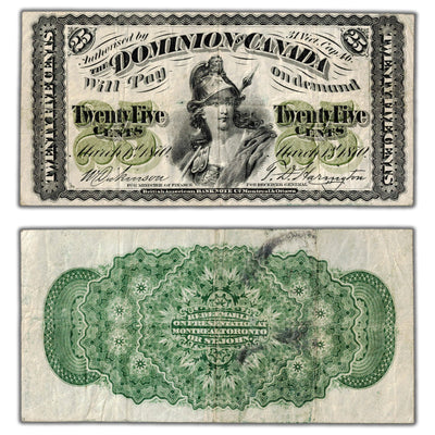 25 Cents 1870 Dominion of Canada Shinplaster Note Plain DC-1c - VF (writing)