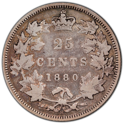 Canada 1880-H Narrow 0 25 Cents Quarter Silver Coin - VG