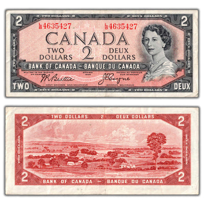 $2 1954 Bank of Canada Note Beattie-Coyne L/B Prefix BC-38a - VF+