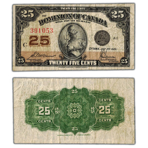 SOLD 25 Cents 1923 Dominion of Canada Shinplaster Note DC-24c - Fine (pinholes)
