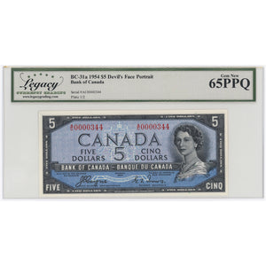 SOLD $5 1954 Bank of Canada Note Devil Face Low Serial #344 BC-31a - Legacy UNC-65 PPQ