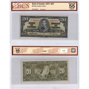 SOLD $20 1937 Bank of Canada Note Gordon-Towers B/E Prefix BC-25b - BCS AU-55