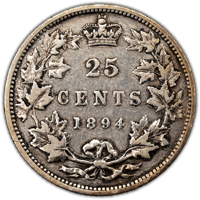 Canada 1894 25 Cents Quarter Silver Coin - F-15 (cleaned)