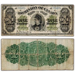 SOLD $1 1878 Dominion of Canada Note Montreal Series A DC-8e-i - Fine (holes)