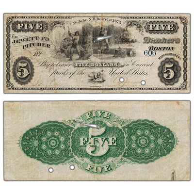 Jewett & Pitcher Merchants 1875 $5 Scrip Note Uncanceled NB #15-12-04-06 - Tears/Holes