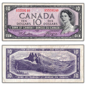 SOLD $10 1954 Bank of Canada Note Devil Face G/D Prefix BC-32b - VF