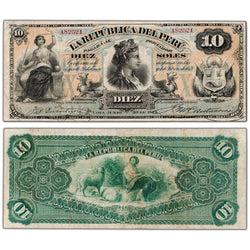 SOLD Peru 1879 10 Ten Soles Note P #5 - F/VF (minor pinholes)