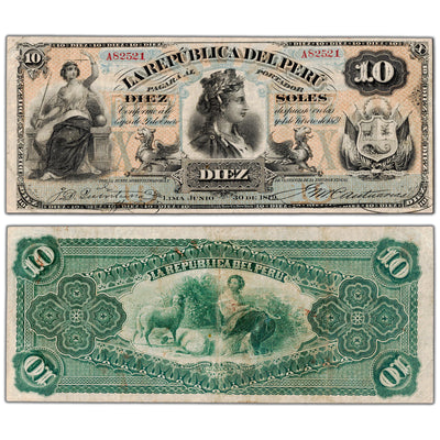 SOLD Peru 1879 10 Ten Soles Note P #5 - F/VF (minor pinholes)