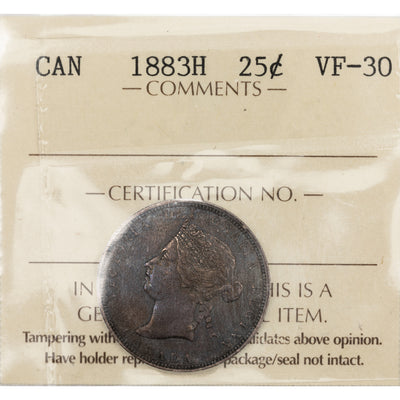 Canada 1883-H 25 Cents Quarter Silver Coin - ICCS VF-30