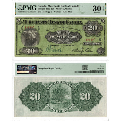 SOLD $20 1907 Merchants Bank of Canada Chartered Note #460-16-06 - PMG VF-30 EPQ