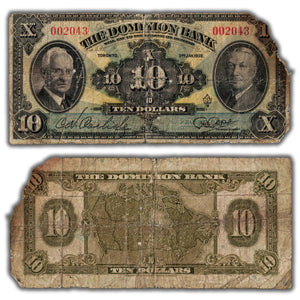 SOLD $10 1938 Dominion Bank Canada Chartered Note CH #220-28-04 - Missing Pieces
