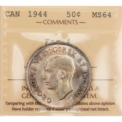 Canada 1944 Far 4 50 Cents Half Dollar Silver Coin - ICCS MS-64