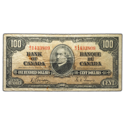 SOLD $100 1937 Bank of Canada Note Gordon-Towers B/J Prefix BC-27b - Rust Spots