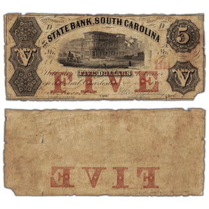 United States 1855 State Bank South Carolina $5 Obsolete Note - Missing Corner/Holes
