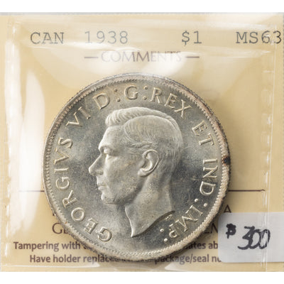 SOLD Canada 1938 $1 Silver Dollar Coin - ICCS MS-63
