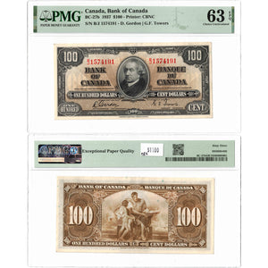SOLD $100 1937 Bank of Canada Note Gordon-Towers B/J Prefix BC-27b - PMG UNC-63 EPQ