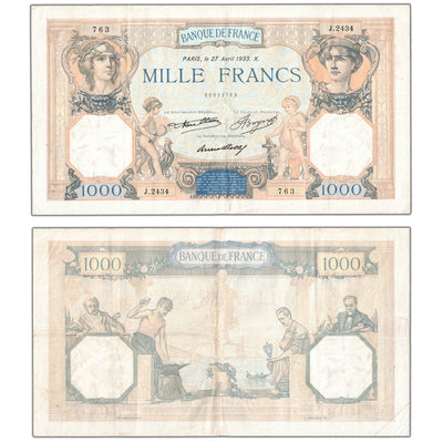 France 1933 1000 Francs Note P #79c - VF+ (minor pinholes)