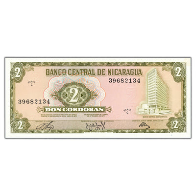 SOLD Nicaragua 1972 2 Two Cordobas Note P #121a - Minor Corner Stain