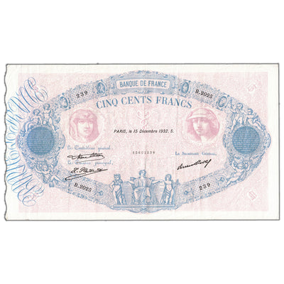 France 1932 500 Francs P #66l - VF+ (staple hole)