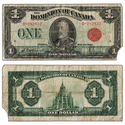 $1 1923 Dominion of Canada Note Red Seal Series D DC-25b - Missing Corner/Tear