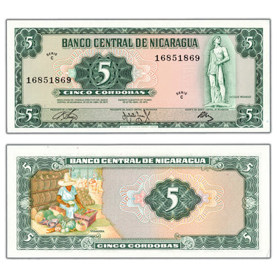 SOLD Nicaragua 1972 5 Five Cordobas Note P #122 - AU/UNC