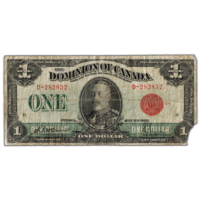 $1 1923 Dominion of Canada Note Red Seal Series D DC-25b - Missing Corner/Tear