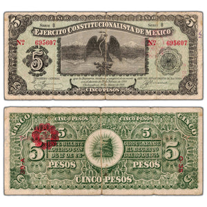 SOLD Mexico Ejército Constitucionalista De Mexico 1914 5 Five Pesos Note P #S524 - Circulated