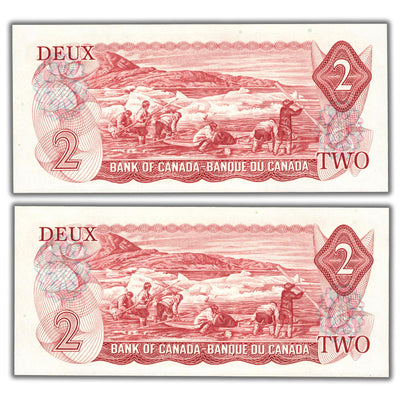 SOLD $2 1974 Bank of Canada Notes RP Prefix BC-47a - Set of 2 Radars - Ch UNC