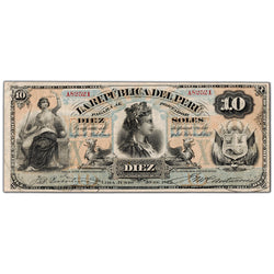 SOLD Peru 1879 10 Ten Soles Note P #5 - F/VF (minor pinholes)