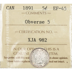 SOLD Canada 1891 Obverse 5 Cents Silver Coin - ICCS EF-45