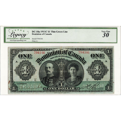 $1 1911 Dominion of Canada Note Green Line Series C DC-18a - Legacy VF-30