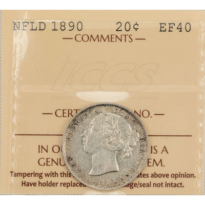 Newfoundland 1890 20 Cents Silver Coin - ICCS EF-40