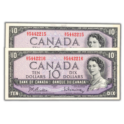SOLD $10 1954 Bank of Canada Note Beattie-Rasminsky S/V Prefix BC-40b - 2 Consecutive