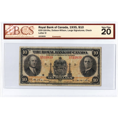 $10 1935 Royal Bank of Canada Chartered Note #630-18-04a - BCS VF-20