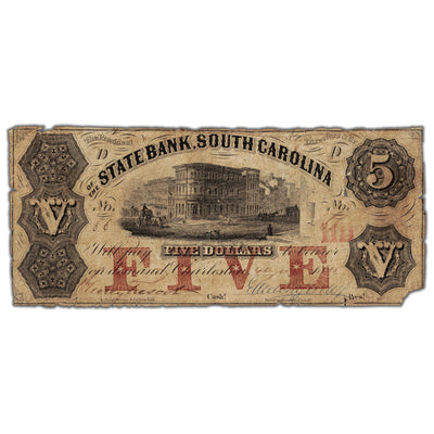 United States 1855 State Bank South Carolina $5 Obsolete Note - Missing Corner/Holes