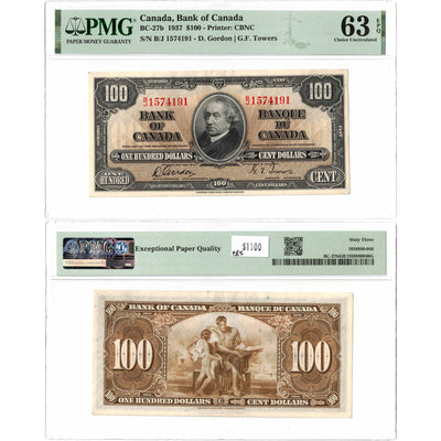 SOLD $100 1937 Bank of Canada Note Gordon-Towers B/J Prefix BC-27b - PMG UNC-63 EPQ