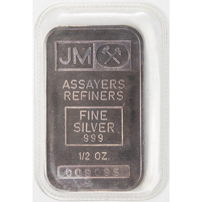 SOLD Johnson Matthey JM 1/2oz .999 Silver Bar - Sealed Blank Back Raised Border