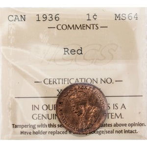 SOLD Canada 1936 1 Small Cent Coin - ICCS MS-64 Red
