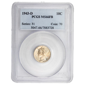 SOLD United States 1943-D 10 Cents Mercury Dime Silver Coin - PCGS MS-66 FB