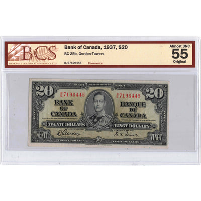 $20 1937 Bank of Canada Note Gordon-Towers B/E Prefix BC-25b - BCS AU-55
