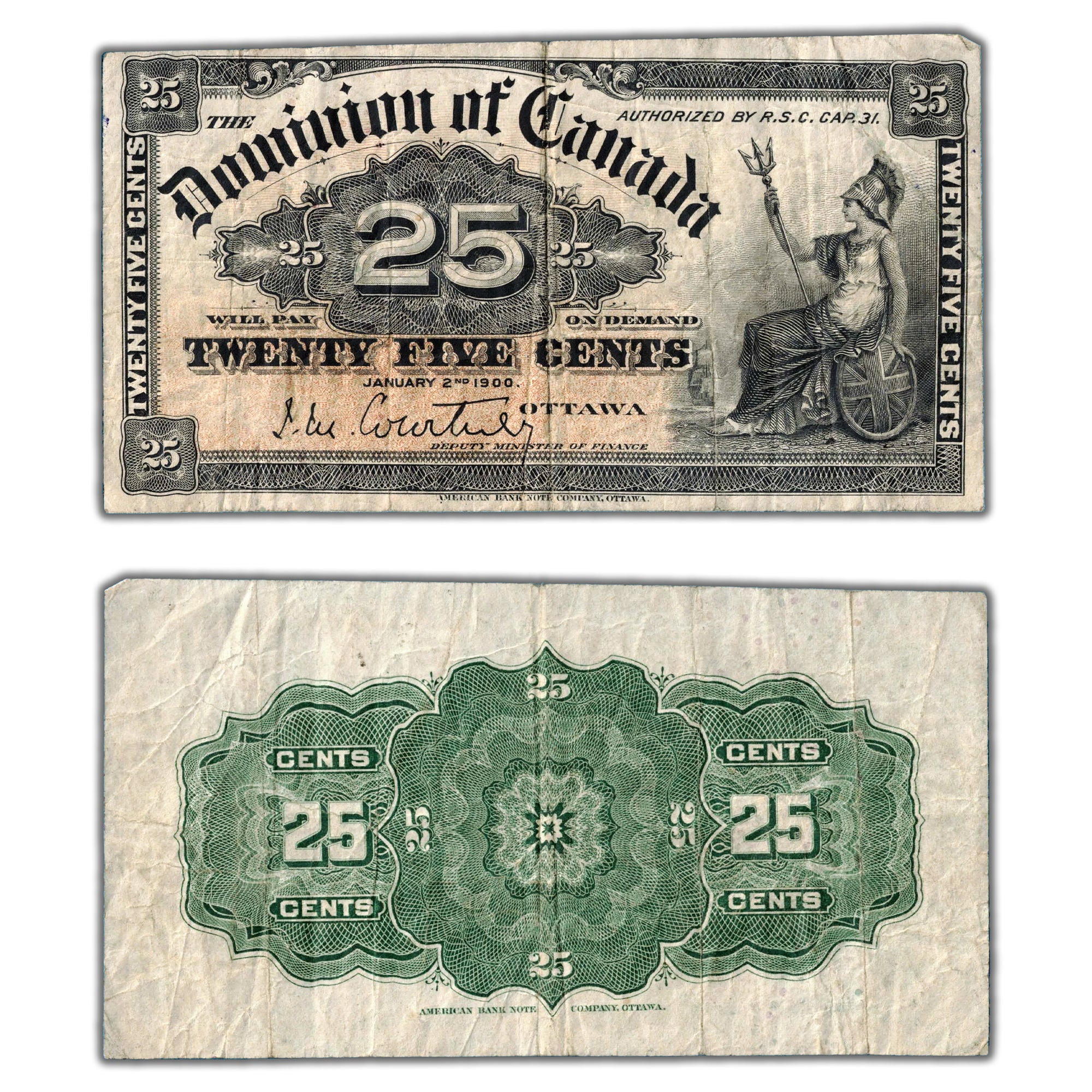 25 Cents 1900 Dominion of Canada Note Shinplaster Courtney DC-15a - Fi ...