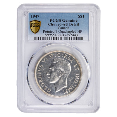 SOLD Canada 1947 Pointed 7 4xHP $1 Silver Dollar Coin - PCGS AU Detail Cleaned