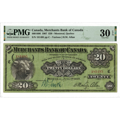 SOLD $20 1907 Merchants Bank of Canada Chartered Note #460-16-06 - PMG VF-30 EPQ