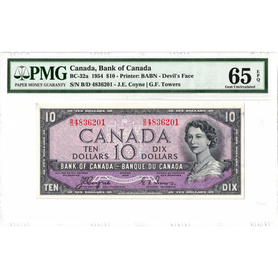 SOLD $10 1954 Bank of Canada Note Devil Face B/D Prefix BC-32a - PMG Gem UNC-65 EPQ