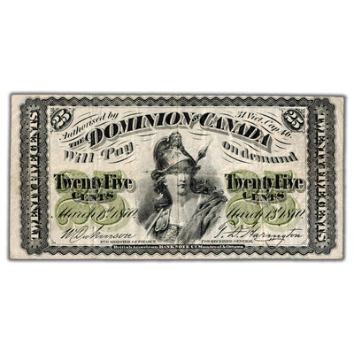 25 Cents 1870 Dominion of Canada Shinplaster Note Plain DC-1c - VF (writing)
