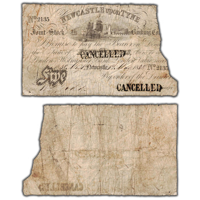 Great Britain 1838 Newcastle upon Tyne 5 Pounds Cancelled Note - Missing Piece